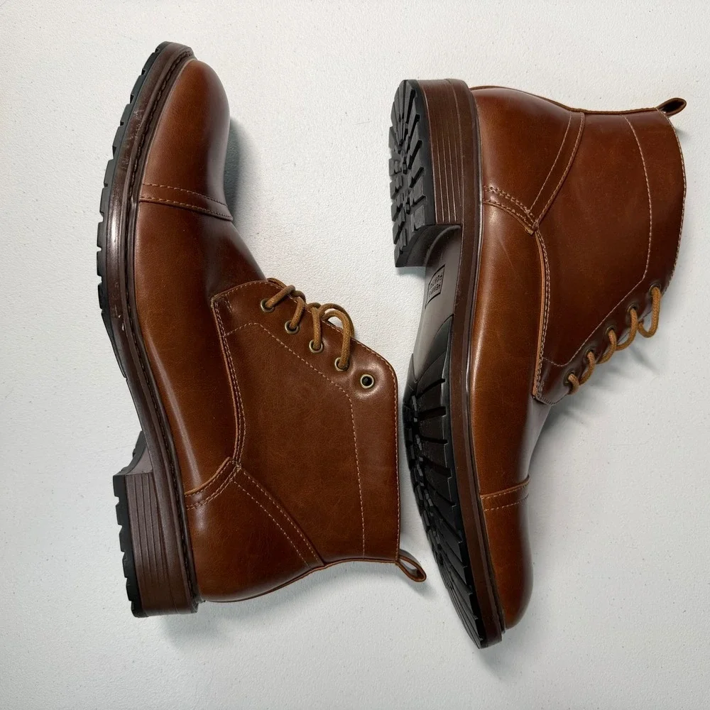 Perry Ellis Men Manning Cap Toe Boot Faux Leather Lace Up Cognac Brown Dressy